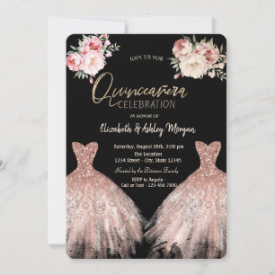 Invitation Robe élégante chic florale Quinceanera noire