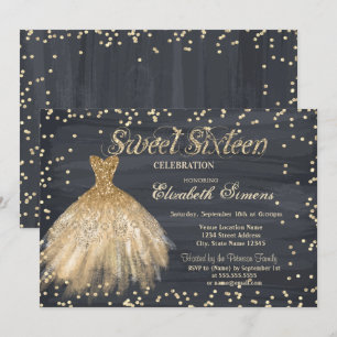 Invitation Robe élégante dorée diamants noir Sweet 16