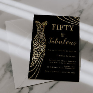 Invitation Robe élégante dorée Fifty & Fabulous 50 ans