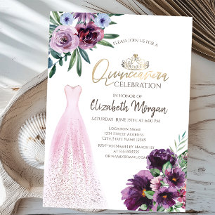 Invitation Robe Élégante, Fleurs Violettes Quinceañera