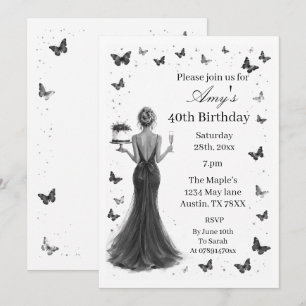 Invitation Robe élégante noire et blanche papillons 40ème