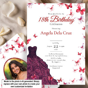Invitation Robe élégante Papillons Rouges 18e Anniversaire Dé