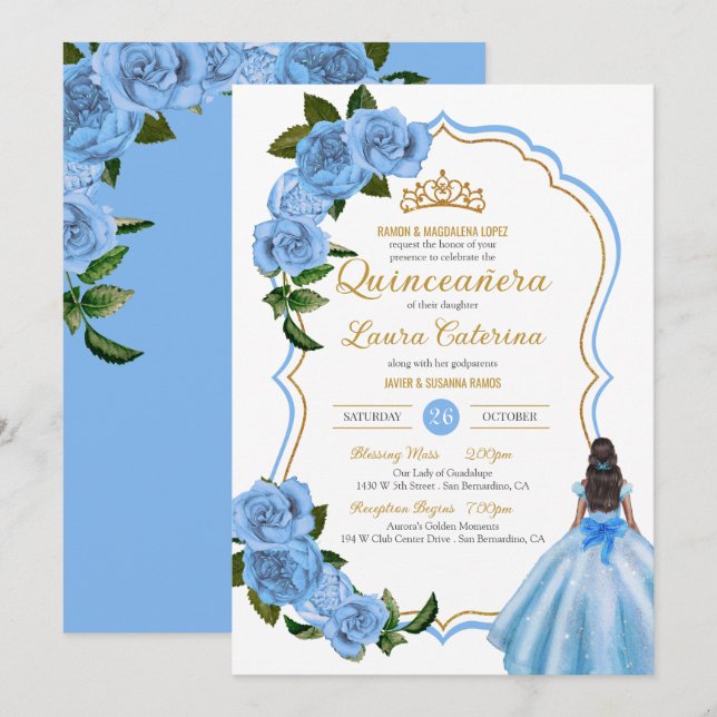 Invitation Robe élégante Quinceanera bleu clair Roses Invitat (Devant / Derrière)
