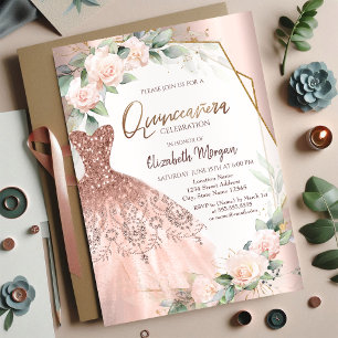 Invitation Robe élégante rose gold pailletée roses Quinceañer