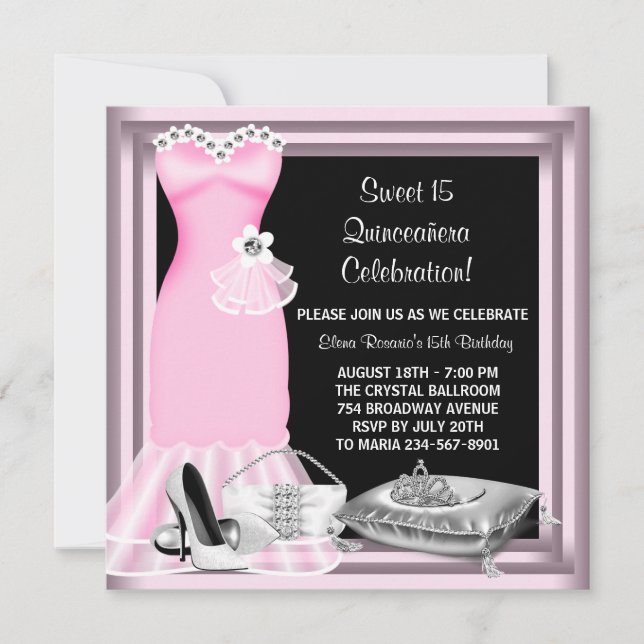 Invitation Robe élégante Tiara Quinceanera rose (Devant)