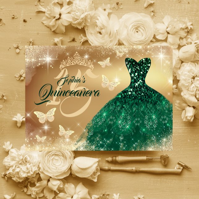 Invitation Robe émeraude d'or Quinceanera (Créateur téléchargé)