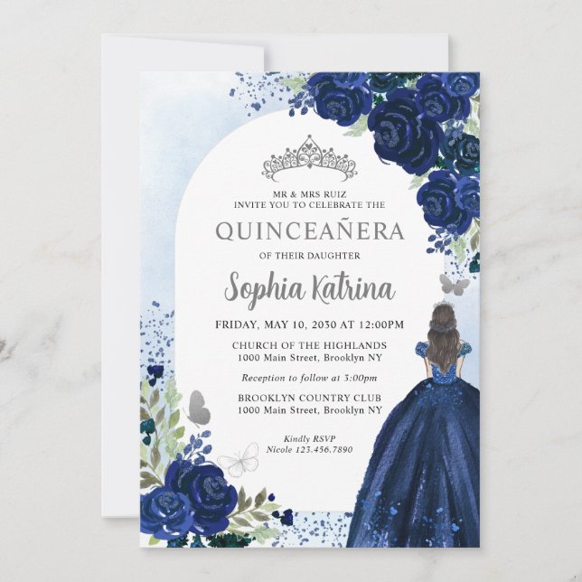 Invitation Robe en argent bleu de la marine florale Anniversa (Devant)