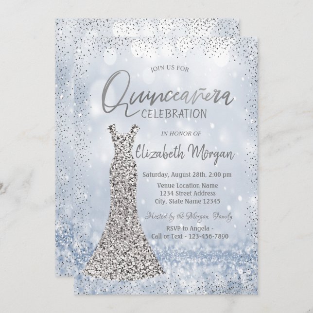 Invitation Robe en argent Sequins Confetti Bokeh Quinceañera (Devant / Derrière)