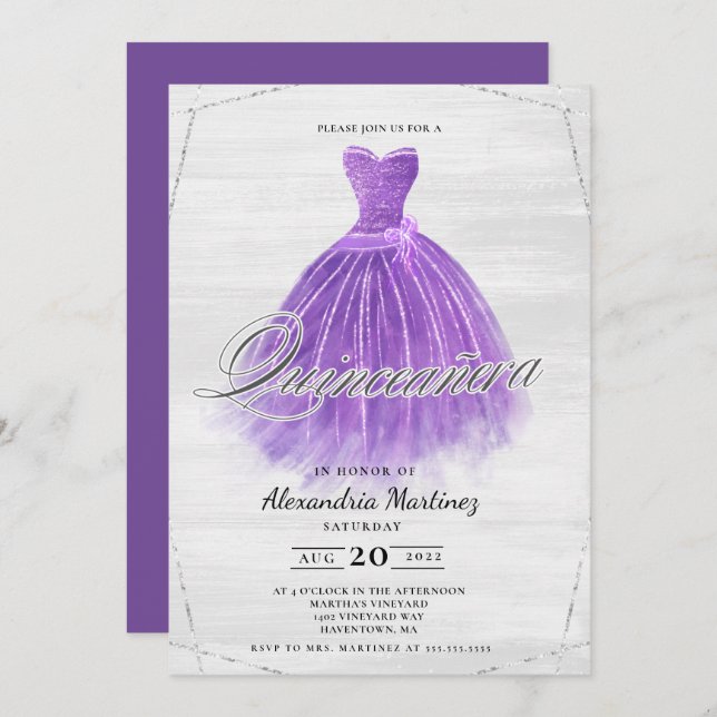 Invitation Robe en bois mauve parties scintillant Quinceañera (Devant / Derrière)