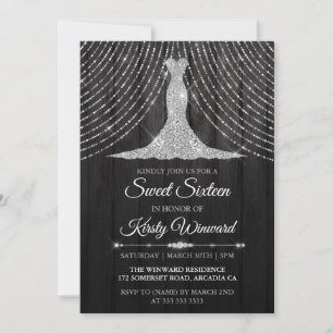 Invitation Robe en diamant noir argenté Sweet 16