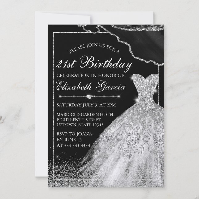 Invitation Robe et agate d'aquarelle d'argent 21e anniversair (Devant)