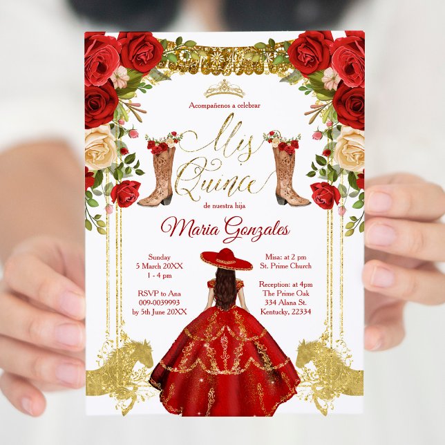 Invitation Robe et bottes Red Charro Mexique Mis Quince (Créateur téléchargé)