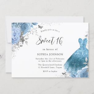 Invitation Robe et fleurs bleu Aqua Silver Sweet 16