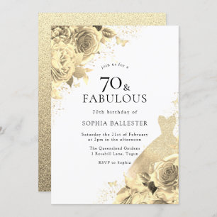Invitation Robe et fleurs dorée Femme 70e anniversaire