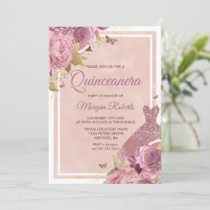 Invitation Robe et fleurs rose pâle et magique Quinceanera