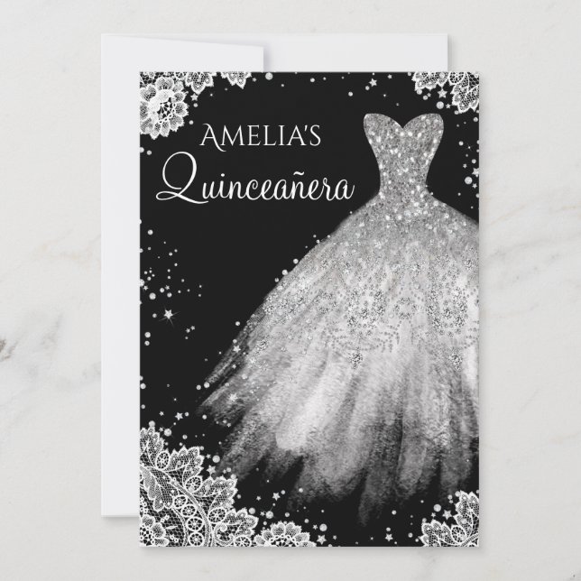Invitation Robe étincelante blanc dentelle noire Quinceanera (Devant)