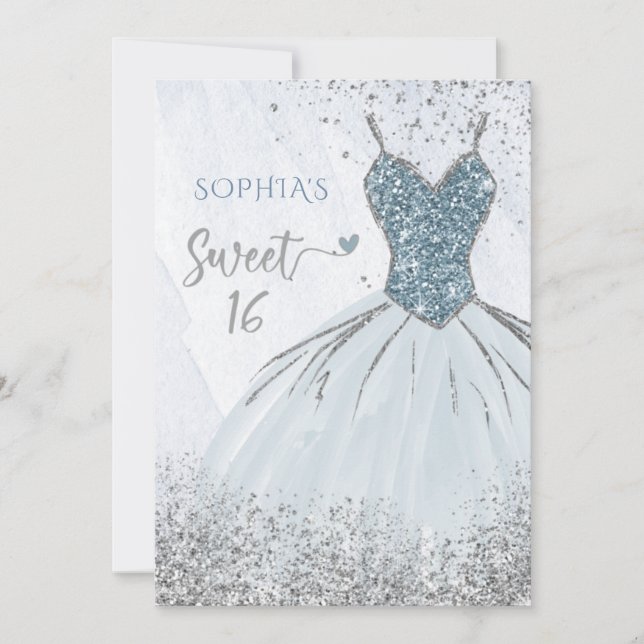 Invitation Robe étincelante bleu Dusty Silver Douce 16 annive (Devant)