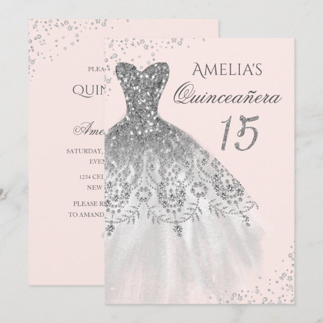 Invitation Robe étincelante Blush Rose or Quinceanera (Devant / Derrière)