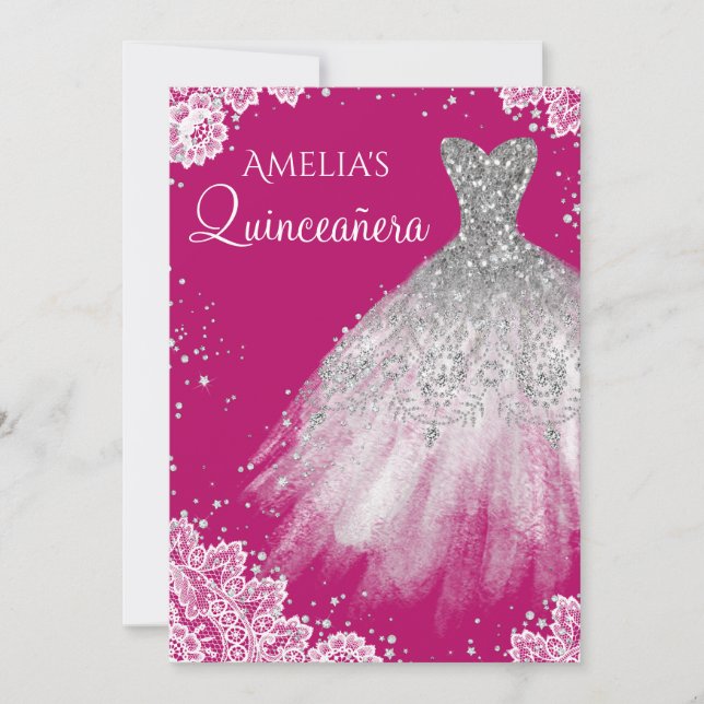 Invitation Robe étincelante dentelle blanche Quinceanera rose (Devant)