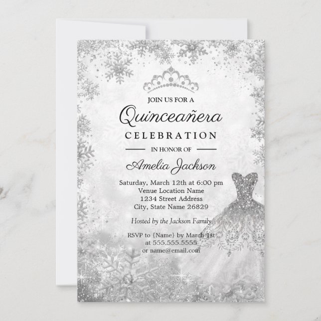 Invitation Robe étincelante Flocs de neige Quinceanera d'hive (Devant)