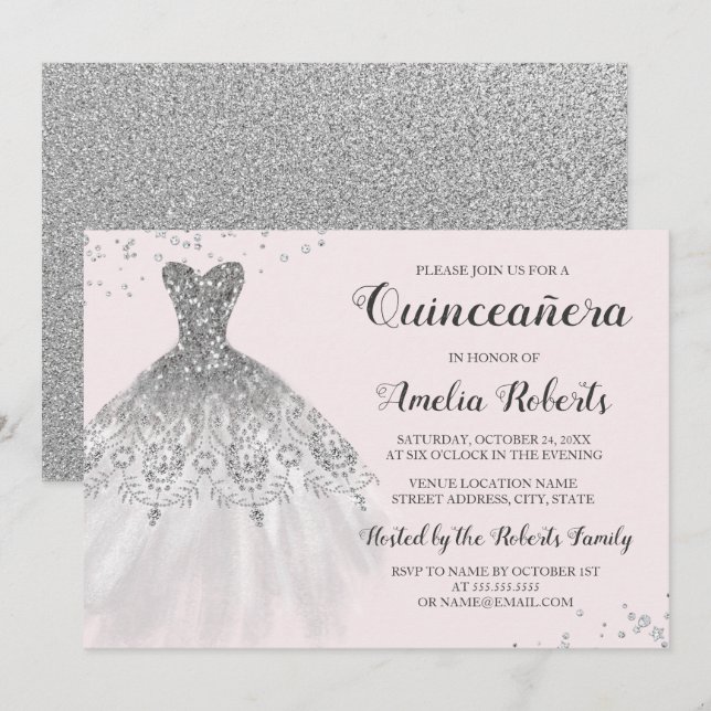 Invitation Robe étincelante rose argent Quinceanera Invitatio (Devant / Derrière)