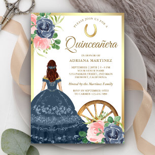 Invitation Robe Fleurie Bleu Marine Charro Or Quinceanera