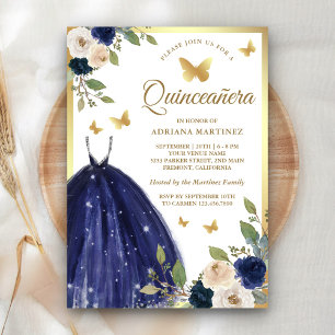 Invitation Robe Fleurie Bleu Marine Papillon Or Quinceanera