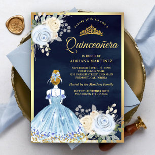 Invitation Robe Fleurie Bleu Pastel Or Marine Quinceanera