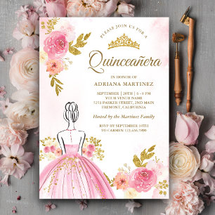 Invitation Robe Fleurie Rose Princesse Quinceanera Or