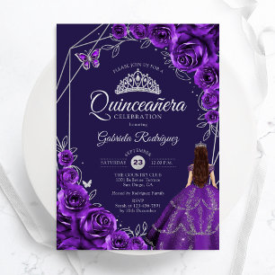 Invitation Robe Fleurie Violet Argent pour Quinceanera