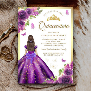 Invitation Robe Fleurie Violette Papillon Or Quinceanera