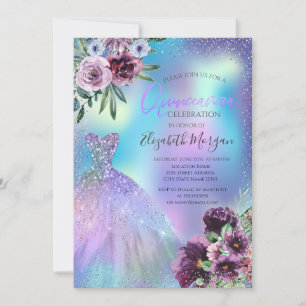 Invitation Robe, Fleurs Violettes Quinceañera Holographique