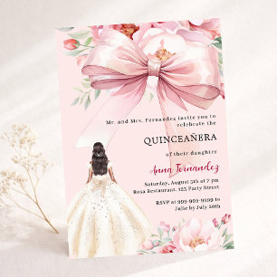 Invitation Robe florale à noeud rose blush pour Quinceanera