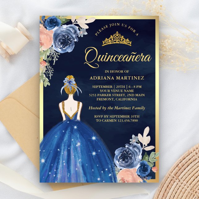 Invitation Robe Florale Bleue Royal Marine Gold Quinceanera (Créateur téléchargé)