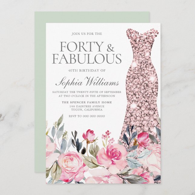Invitation Robe florale Blush Forty & Fabuleux 40e anniversai (Devant / Derrière)