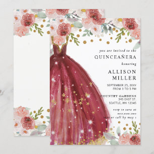 Invitation Robe Florale Burgundy Rouge or Parties scintillant