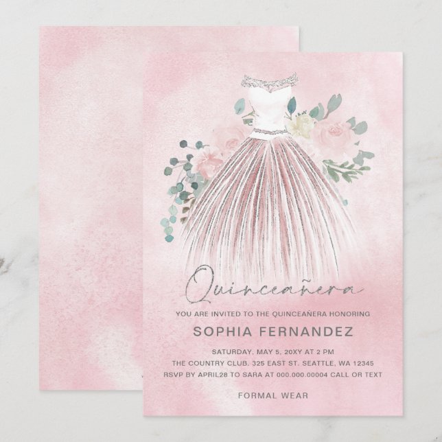 Invitation Robe florale de parties scintillant d'argent blanc (Devant / Derrière)