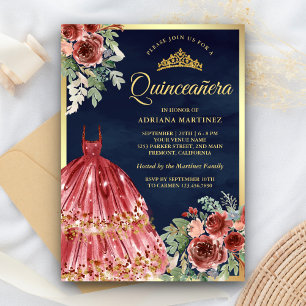 Invitation Robe Florale Marsala Rouge Quinceanera Or Navy