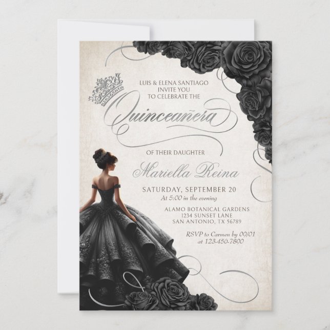 Invitation Robe Florale noire Quinceañera (Devant)