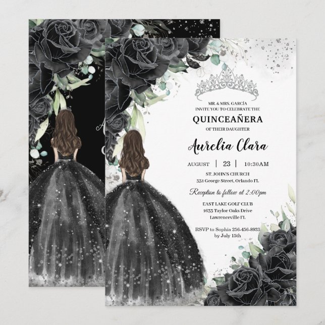 Invitation Robe florale noire Silver Quinceañera Sweet 16 XV (Devant / Derrière)