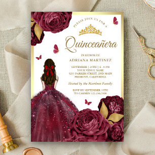 Invitation Robe Florale Or Bourgogne Papillon Quinceanera