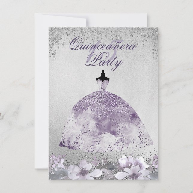 Invitation Robe Florale Quinceanera d'Argent Violet (Devant)