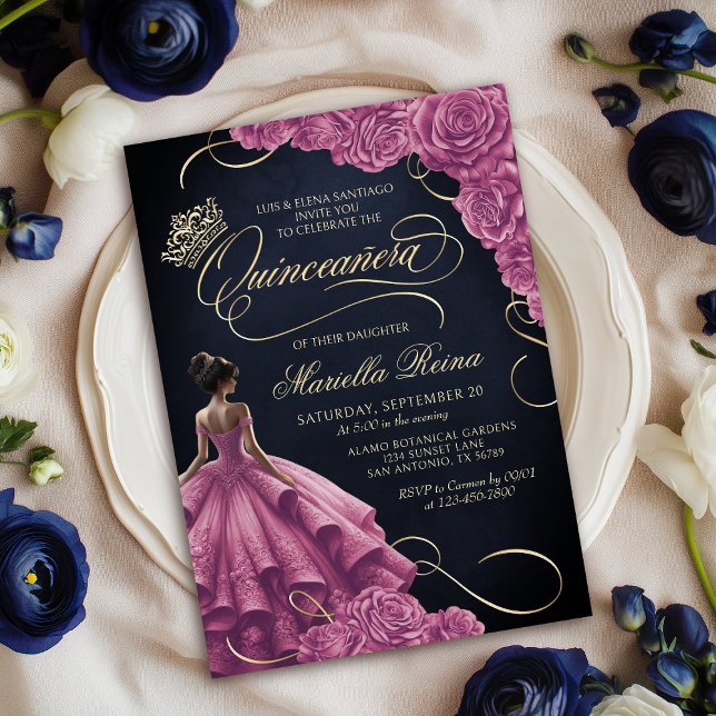 Invitation Robe Florale rose chaud Quinceañera (Créateur téléchargé)