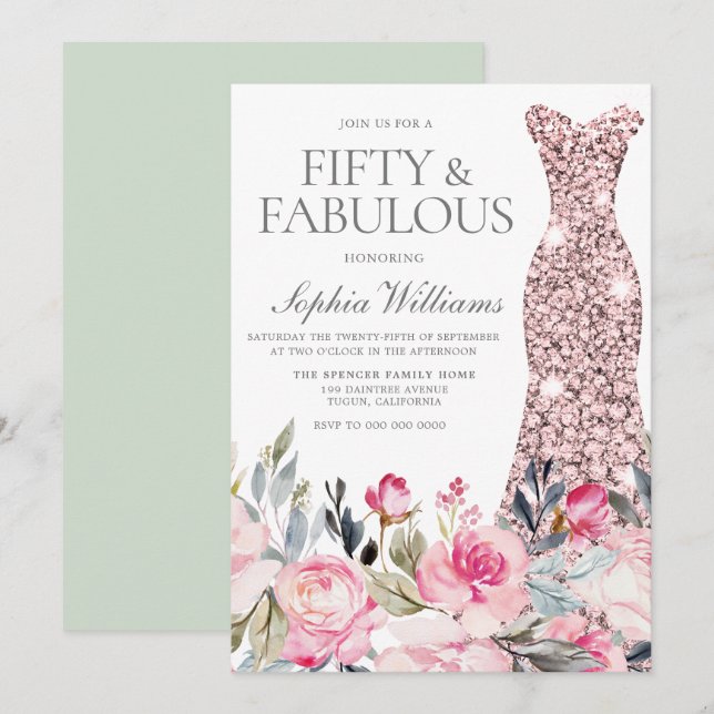 Invitation Robe florale rose Fifty & Fabulous 50e anniversair (Devant / Derrière)