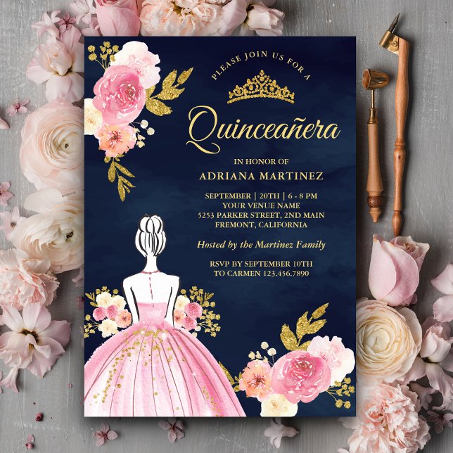 Invitation Robe Florale rose Princesse Marine bleu Quinceaner (Créateur téléchargé)