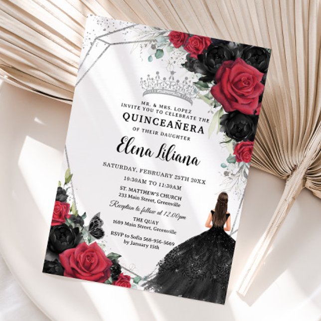 Invitation Robe Florale Rose Rouge Noir Argent Quinceañera (Créateur téléchargé)