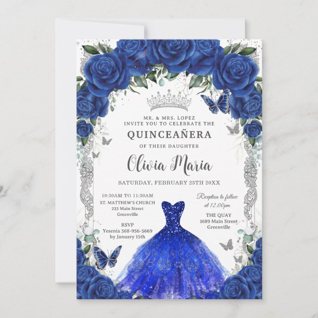 Invitation Robe Florale Rose Royale Quinceañera Argent (Devant)