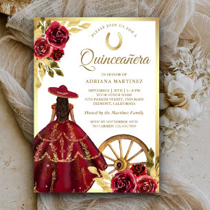 Invitation Robe florale rouge Bourgogne Charro or Quinceanera