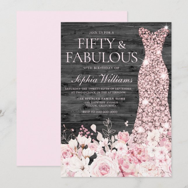 Invitation Robe florale rousse Charbon rustique 50e anniversa (Devant / Derrière)