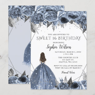 Invitation Robe florale Silver Dusty Blue Spakle Sweet 16 Inv